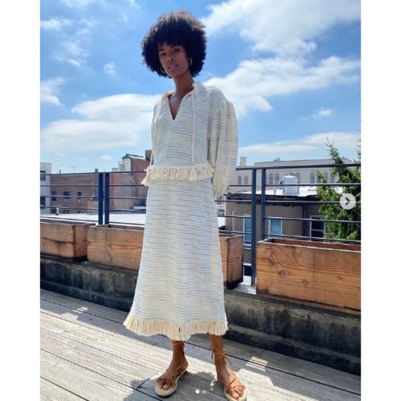 NWT Something Navy Piper Fringe Dress Boho Tasseled Knitted Midi Cream Sz Large - Picture 11 of 11